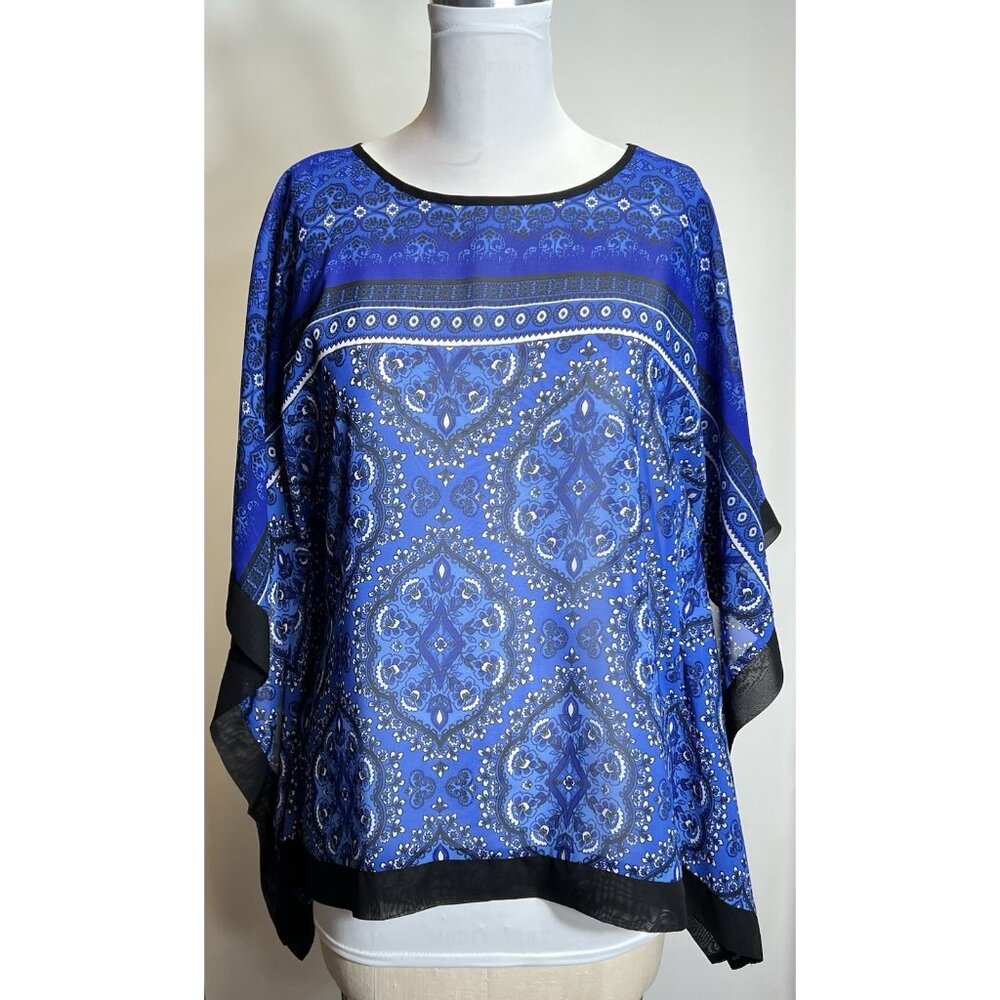 Chenault Poncho Style Short Sleeve‎ Top Blue Paisley Women’s Size Small